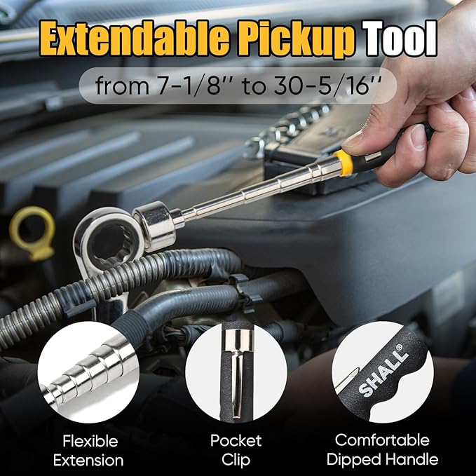 SHALL Collapsible Magnetic Tool Parts Tray and Telescoping Magnetic Pickup Tool Set, 3-Piece Silicone Foldable Magnetic Bowls & 25LBS Force Extendable Magnet for Mechanic Screw Bolts Nuts Washers Pins