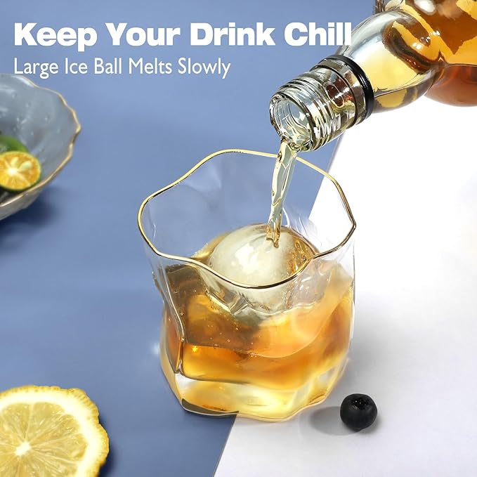 Whiskey Ice Ball Maker, [Fill without Funnel & Easy Release] 2.2'' Round Large Iced Cube Trays with Cover, Reusable Sphere Silicone Ices Tray with Lids for Bourbon, Gift for Brandy Lover