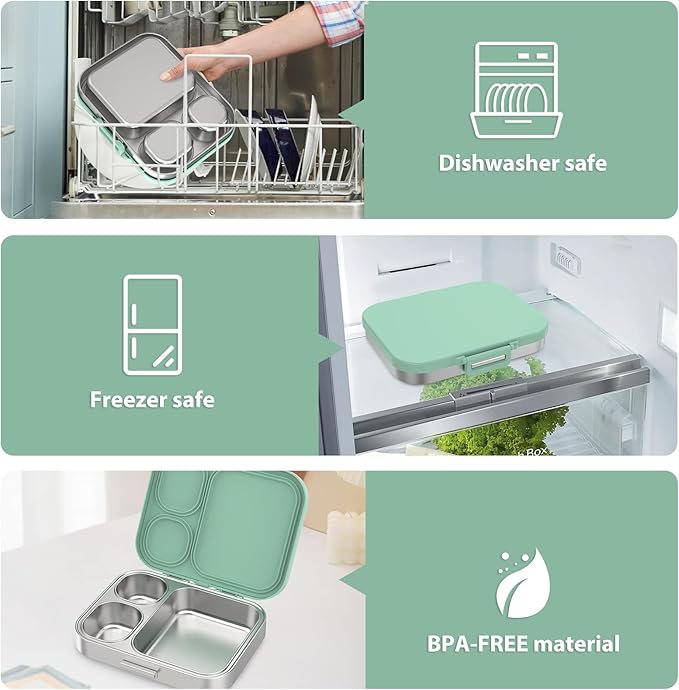 Stainless Steel Bento Lunch Box for Kids | 3-Compartment Lunch Box Container Kids | 100% Leakproof, Eco-Friendly, Perfect Portion Control for Kids&Adult Healthy Meals (Green)