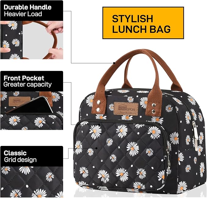 HOMESPON Lunch Bag for Woman Man Adults with Front Pocket Insulated Lunch Tote Lunch Box Container for Work Picnic or Travel(Daisy)