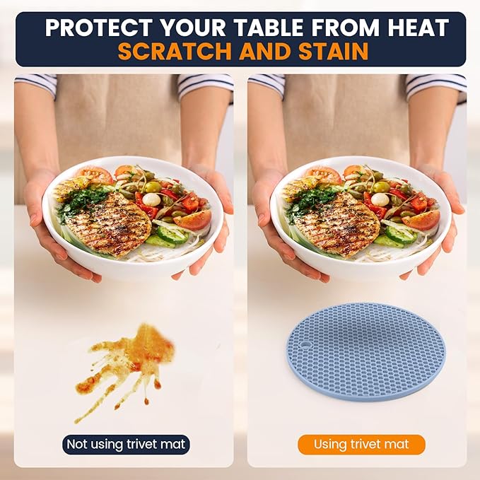 Silicone Trivet Mats 4 Heat Resistant Pot Holders Multipurpose Non-Slip Hot Pads for Kitchen Potholders, Drying mat, Jar Opener, Spoon Holder, Coaster(Nordic Blue)