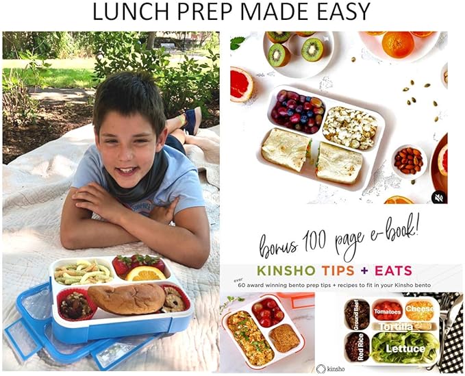 Bento Lunch Box Kids & Adults, Lunch and Snack Containers for Boys & Girls with 3 Compartments - School, Work Daycare, Meal Planning Portion Control Container, BPA-Free Boxes, Utensils, Blue 1 pack