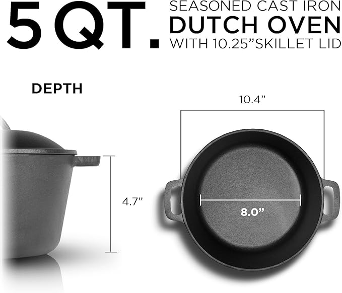 COMMERCIAL CHEF 5 Quart Cast Iron Dutch Oven with Dome Lid & Handles, Preseasoned