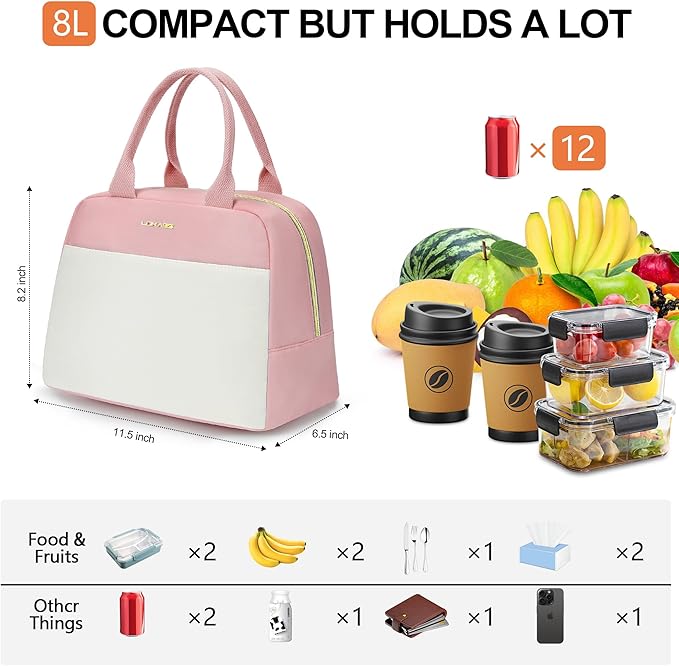 LOKASS Lunch Bag for Women-Insulated Adults Lunch Box with Front Pocket- Small Cute Lunch Tote for Work-Reusable Cooler Bag for Office Picnic Beach or Travel (Pink