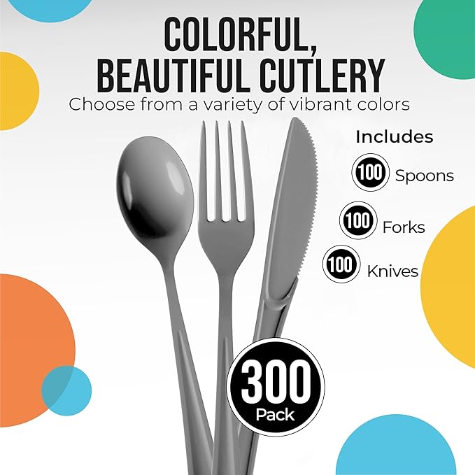 Party Solids Silver Plastic Silverware Heavy Duty 300 Pieces Silver Plastic Cutlery Sets, Utensil Sets, 100 Of Each Forks, Knives & Spoons Disposable Cutlery Set, Flatware Set For Party Supplies