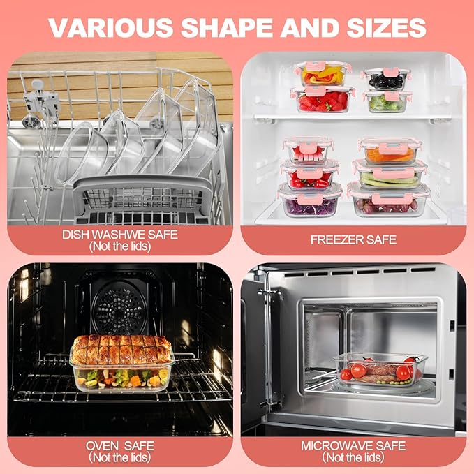 Skroam 12 Pack Glass Food Storage Containers with Lids, Meal Prep, Pantry Kitchen Storage Containers for Lunch, Leak Proof, Airtight Glass Lunch Bento Boxes for Microwave, Oven, Freezer, Pink