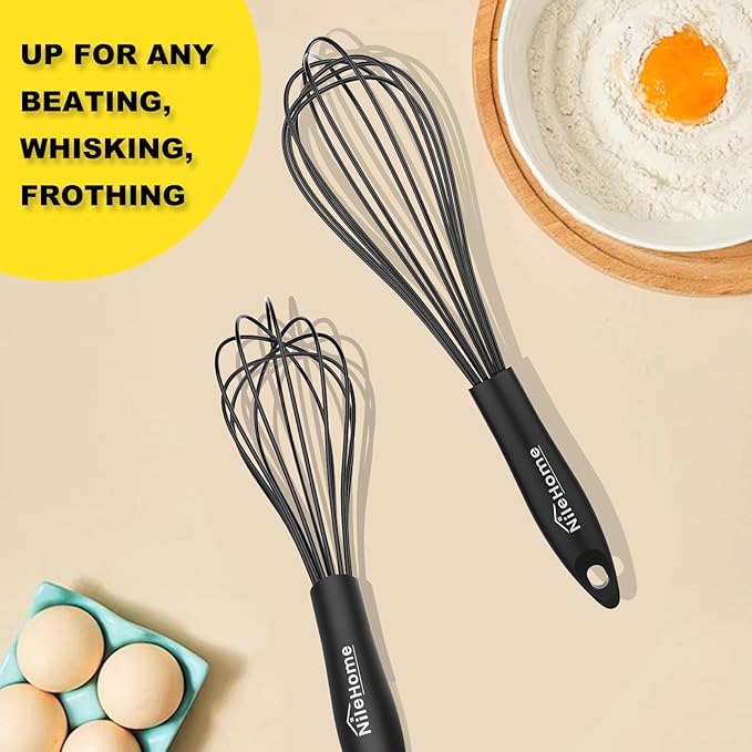 NileHome Silicone Whisk Set 10" 12" Kitchen Whisk Kitchen Wisk Wire Whisks for Cooking, Whisking, Blending, Beating, Stirring-Black