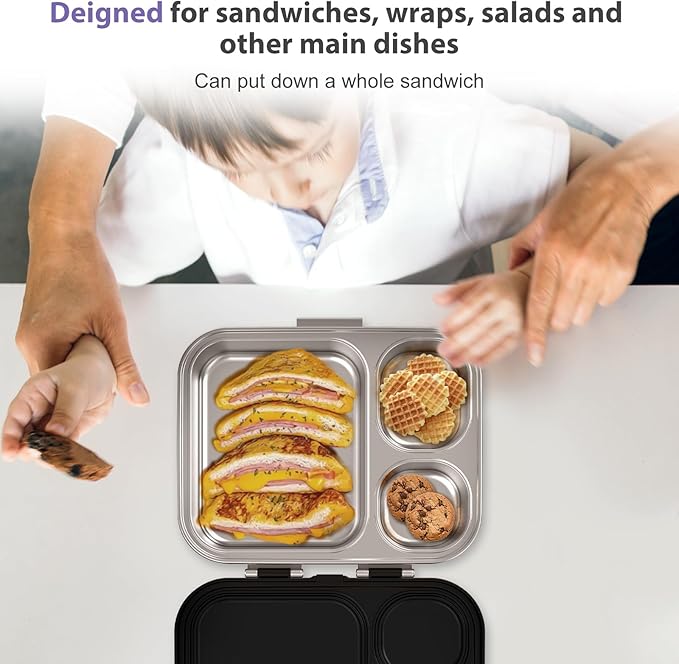 Stainless Steel Bento Box Kids, Leak Proof Metal Bento Lunch Box,3 Compartments 304 Stainless Steel Bento Lunch Containers for School and Office, BPA-Free(Black)