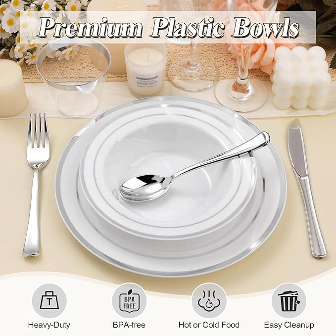100 Pack Disposable Soup Bowls with Silver Rim, 12oz Premium Heavy Duty Plastic Dinner Bowls for Party, Wedding and Holiday