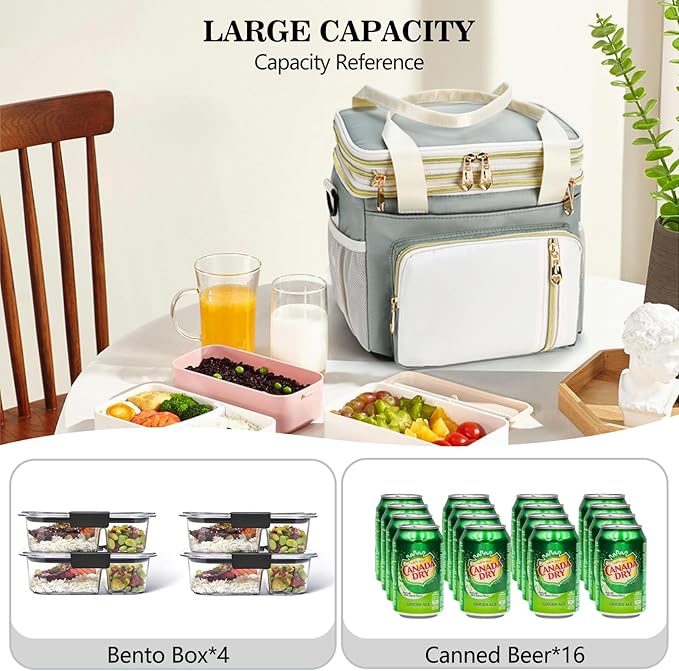 Lunch Box & Lunch Bag for Women Men, Large Insulated Adult Lunch Box Leakproof Lunchbox Cooler Bag for Work Picnic Beach,16L, Olive Green & White