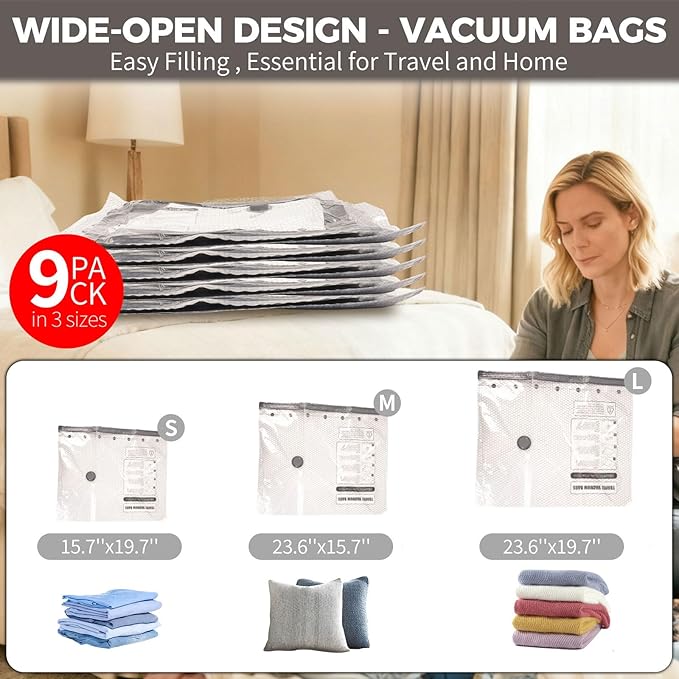 Vacuum Seal Bags for Clothing Travel with Electric Air Pump, FIRRAX 9 Combo Space Saver Vacuum Storage Bags (3 Large+3 Medium+3 Small), Travel Compression Packing for Clothes Luggage and Suitcase