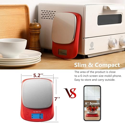 NUTRI FIT Ultra Slim Food Scale Digital Kitchen 1g Increment Measure in lb oz ml High Precision Weight in Grams and oz for Coffee Making, Meal Prep - Red/Stainless Steel