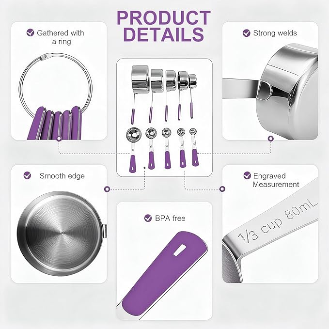 Measuring Cups and Spoons Set Stainless Steel 10 Piece for Cooking and Baking (5 Cups + 5 Spoons, Purple Handle)