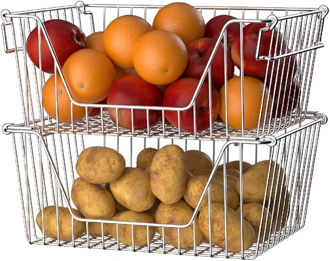 Slideep 14'' Large Stackable Storage Baskets Cabinet Organizer Sturdy Metal Wire Pantry Freezer Bin for Pantry Home Bathroom Kitchen Organization 2 Packs
