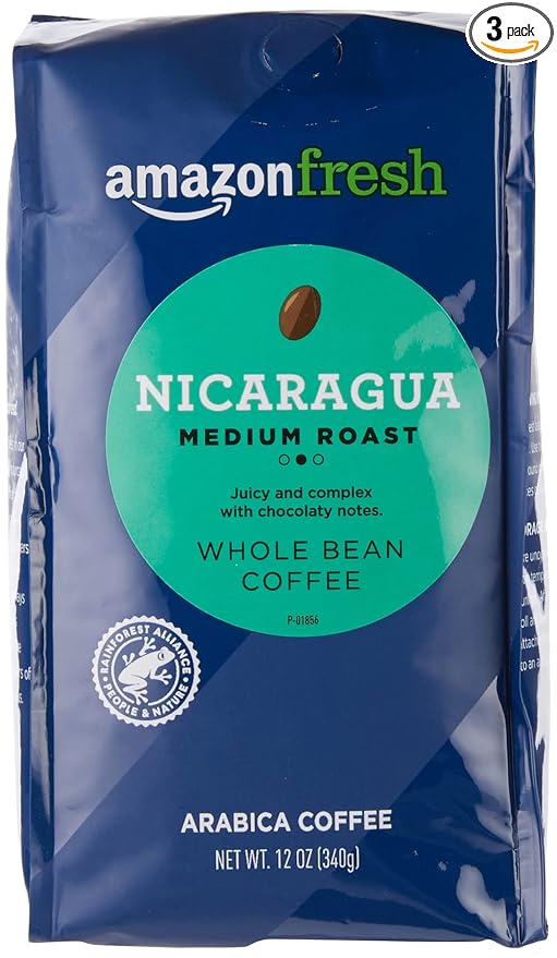 Amazon Fresh, Nicaragua Whole Bean Coffee, Medium Roast, 12 Ounce (Pack of 3)