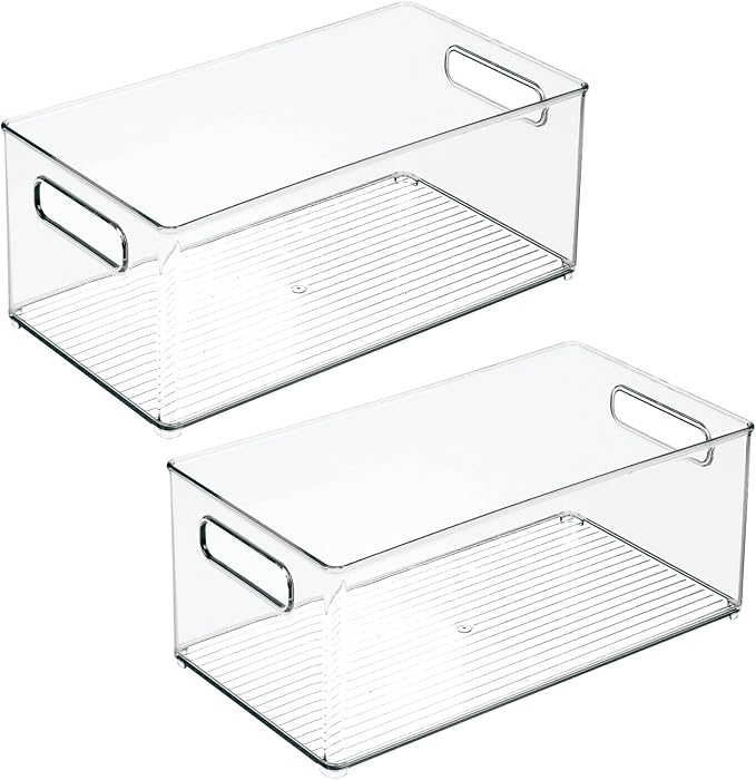 mDesign Deep Plastic Kitchen Storage Organizer Container Bin for Pantry, Cabinet, Cupboard, Shelves, Fridge, or Freezer - Holds Dry Goods, Sauces, Condiments, Drinks, 2 Pack, Clear