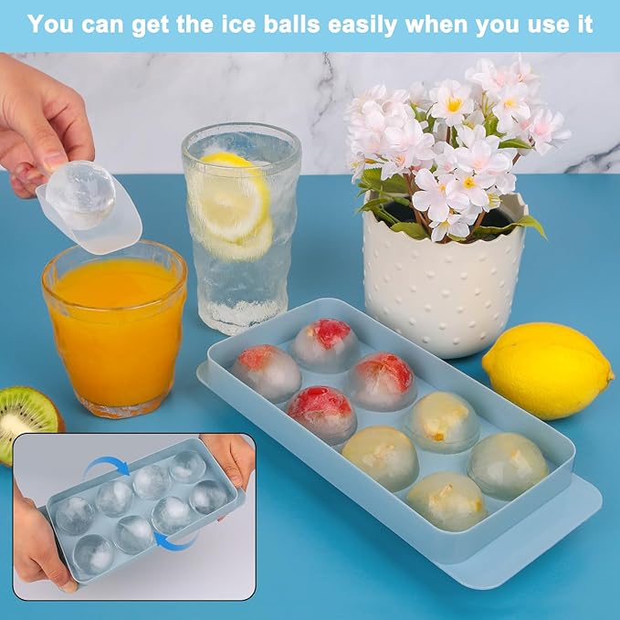 Ice Cube Trays with Lids for Freezer,8 Sphere Large Ice Cube Tray with Easy Release for Ice Drinks,Sphere Ice Cube Mold for Reusable Ice Cubes for Coffee Bar