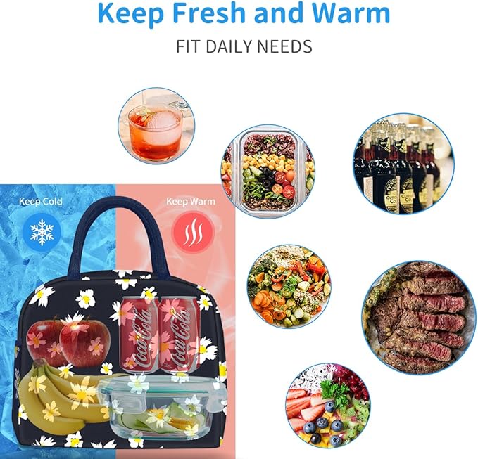 DALINDA Lunch Bag Lunch Box for Women Men Reusable Insulated Cooler Lunch Tote Bags, Leakproof Cute LunchBag Large Capacity for Work Travel Picnic, Daisy