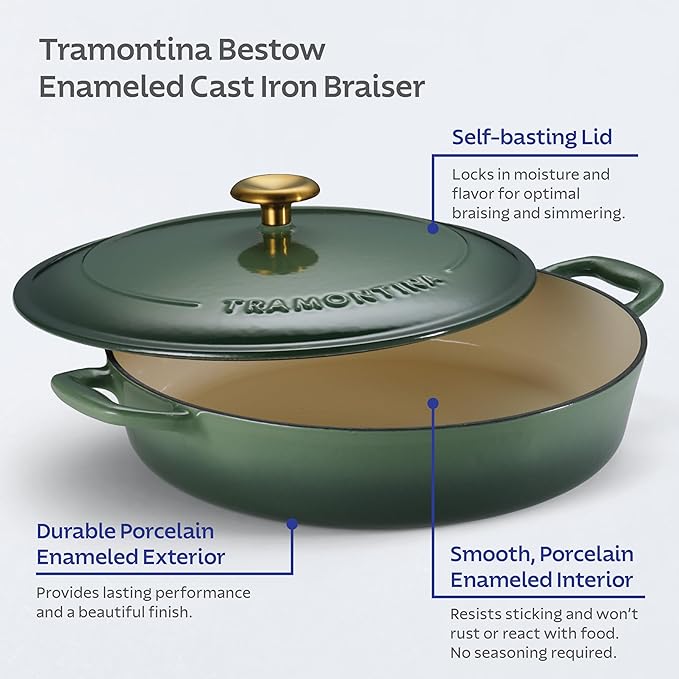Tramontina Bestow Enameled Cast Iron Braiser Pan with Lid, 4-quart, Cactus with Gold Knob