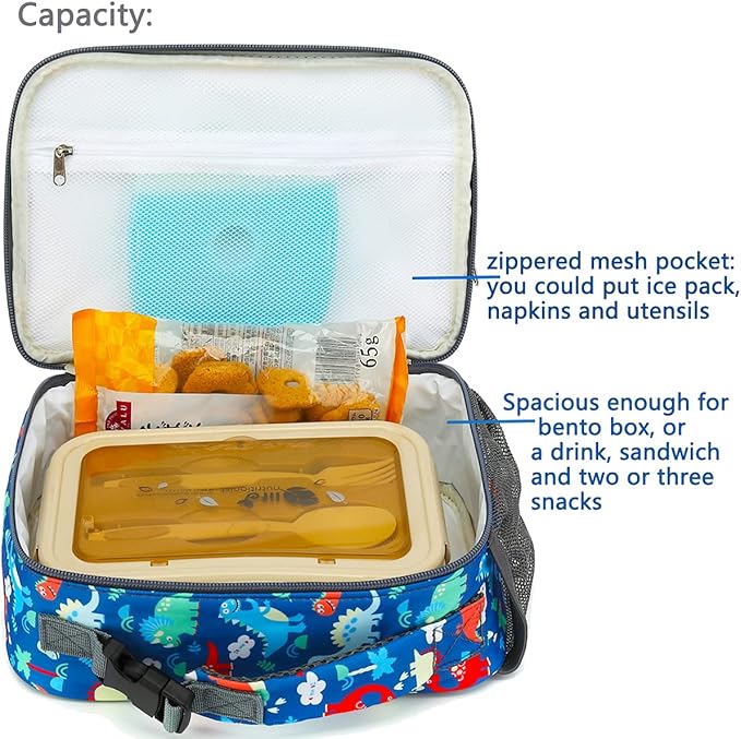 FlowFly Kids Lunch box Insulated Soft Bag Mini Cooer Back to School Thermal Meal Tote Kit for Girls, Boys,Dinosaur
