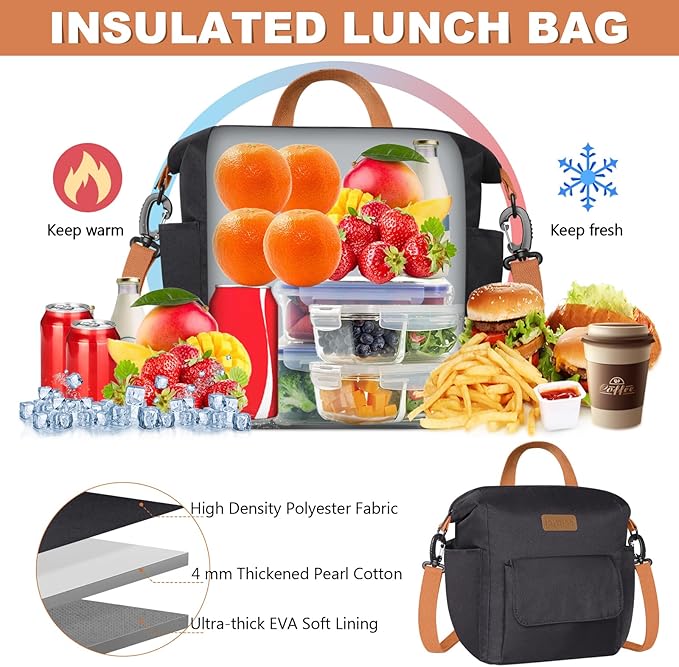 Joymee Lunch Bag Women Insulated Lunch Box Reusable Leakproof Large Spacious Cooler Tote for Women Men Adult with Bottle Holder and Side Pockets for Work Office Travel Picnic -08 Black