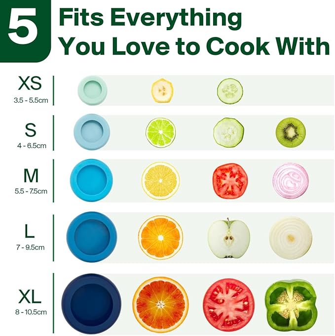 Food Huggers 5pc Reusable Silicone Food Savers | BPA Free & Dishwasher Safe | Fruit & Vegetable Produce Storage for Onion, Tomato, Lemon, Banana, Cans & More | Round, Ice Blue