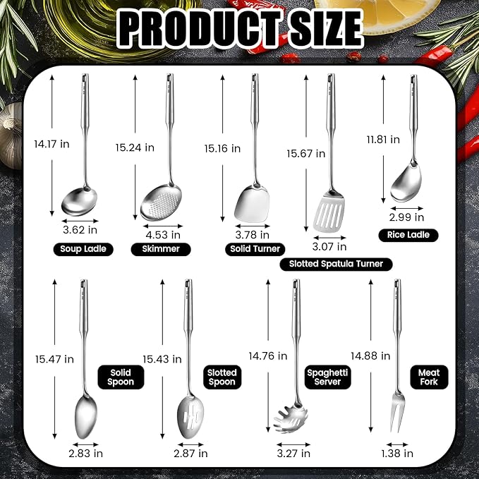 9 Pcs 304 Stainless Steel Utensils Set with Wood Handle Metal Cooking Tool Spatula, Solid Spoon, Slotted Spoon, Fork, Ladle, Skimmer, Slotted Spatula Spaghetti(Silver,Stainless Steel)