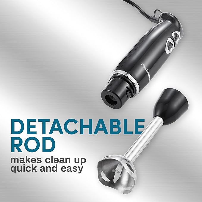 Elite Gourmet EHB1015 Immersion Hand Blender 500 Watts 2 Speed Mixing with Stainless Steel Blades, Detachable Wand Stick Mixer, Smoothies, Baby Food, Soup, Black