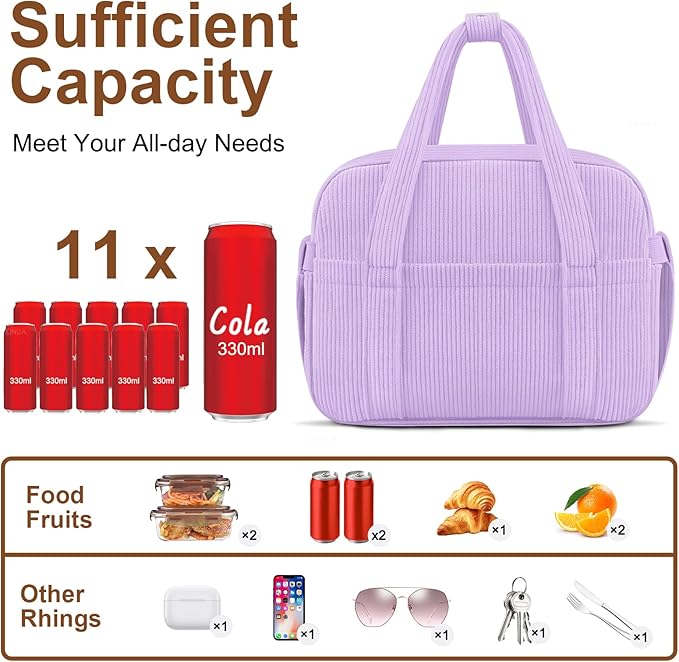 Corduroy Lunch Box Lunch Bag for Women Men, Cute Strawberry Small Insulated Reusable Work Leakproof Simple Lunch Boxes Tote Bag Adults Cooler Bag