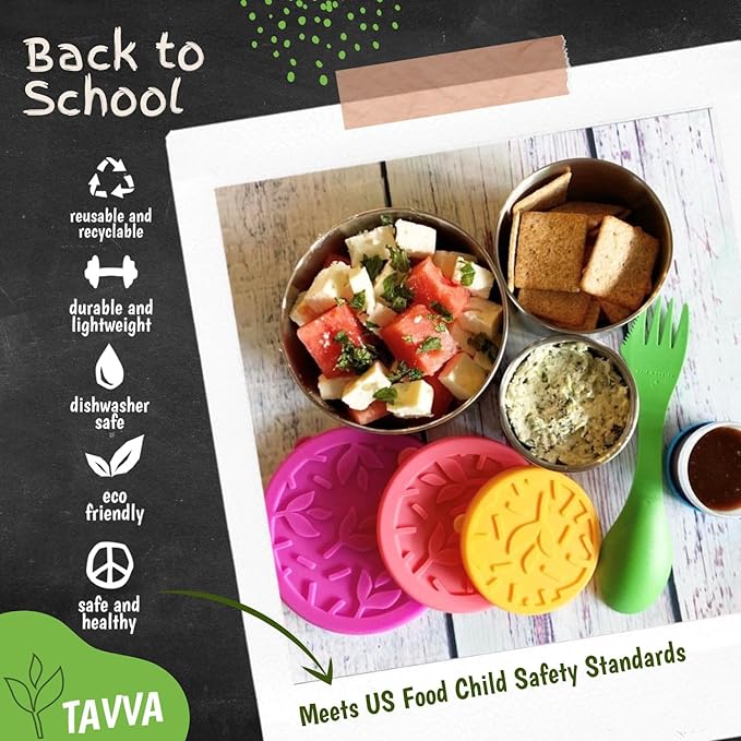 TAVVA Stainless Steel Snack Containers for Kids [12oz/ 7oz/ 3oz] - Leakproof with Silicone Lids - Lunch Box for Kids - Metal Lunchbox for School, Office, Home Food Storage - Dishwasher & Freezer Safe