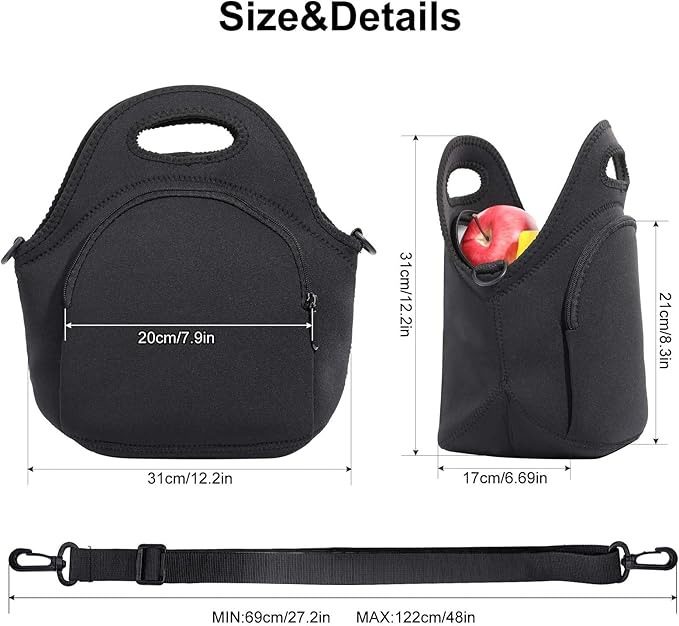 CILLA Neoprene Lunch Bag for Women Insulated Lunch Tote Bags Washable Lunch Container Box Picnic Lightweight Meal Prep Bags(Black+)