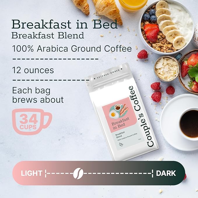 Couple’s Coffee Ground Coffee | Breakfast Blend Light to Medium Roast Coffee | Gives Back to Military Families | Breakfast in Bed | Made with 100% Arabica Beans | 12oz