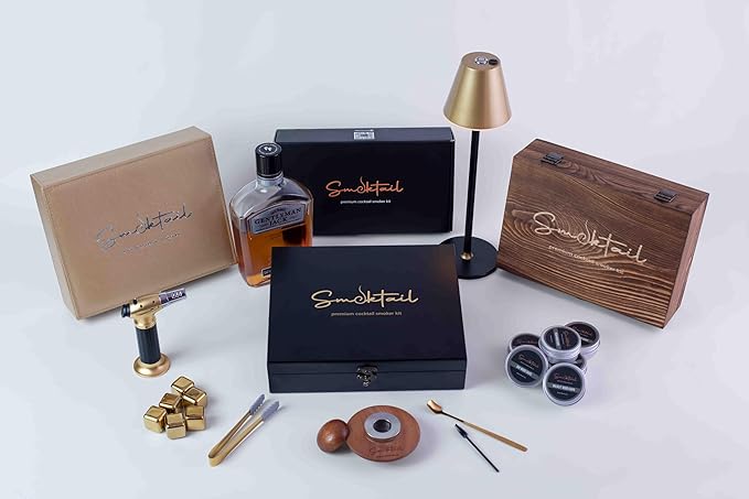Cocktail Smoker Kit by Smoktail – Gold Luxury Edition for Infusing Bourbon & Whiskey – Old Fashioned Cocktails Smoker Set with Torch & 6 Flavor Wood Chips – Best Gift for Men & Women (Without Butane)