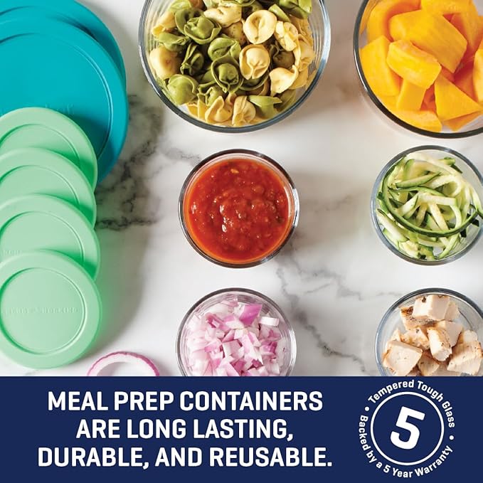Anchor Hocking 12 Piece Glass Storage Containers with Lids (6 Glass Food Storage Containers & 6 Mixed Blue SnugFit Lids)