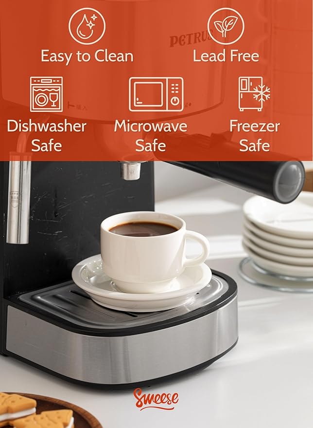 Sweese 2.5 Ounce Porcelain Stackable Espresso Cups with Saucers and Metal Stand Set of 4, White