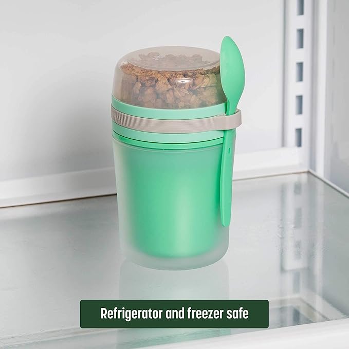 Goodful Double Wall Insulated Yogurt Container, Leak Proof Food Storage, Snack Container with Reusable Plastic Spoon, Microwave& Dishwasher safe, Freezer Safe, 14-Ounce, Green (Pack of 12)