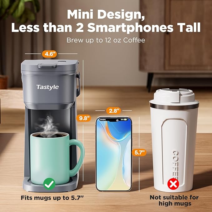 Single Serve One Cup Coffee Maker, for K Cups and Grounds, Mini Coffee Maker with Portable Handle, 6 to 12 Oz Brew Size, for Travel, Camping, Office, RV and Dorm, 120V, Cool Gray