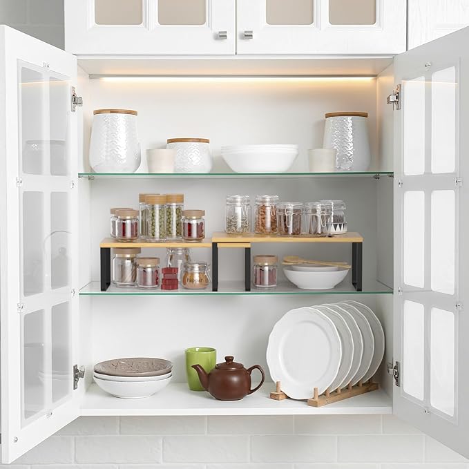 NEX Cabinet Shelf Organizer Set of 2, Kitchen Counter Shelves Spice Rack, Stackable, Expandable, Kitchen Pantry Cupboard Storage Organization, Black and Natural