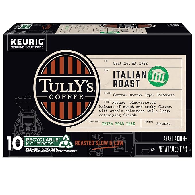 Tully's Coffee Italian Roast, Keurig Single-Serve K-Cup Pods, Dark Roast Coffee, 60 Count (6 Packs of 10)