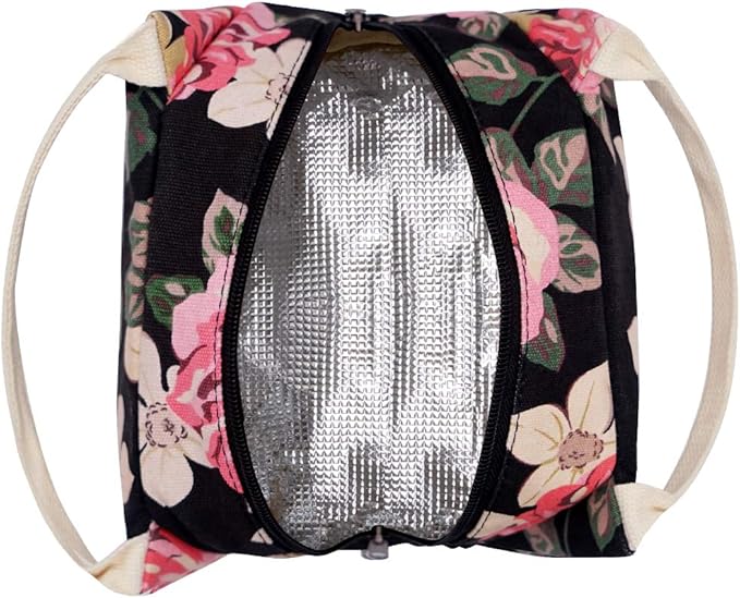 EurCross Floral Lunch Bag Classic for Women Girls, High Grade Cotton Canvas Insulated Lunch Box Bag Hold Bento Box or Round, Square and Uniquely Shaped Lunch Containers, Small Light Weight for Carry