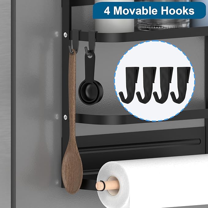 Magnetic Spice Rack,4-Slot Stanley Cup Water Bottle Holder with Paper Towel Holders and Removable Hooks for Fridge(Black Medium)