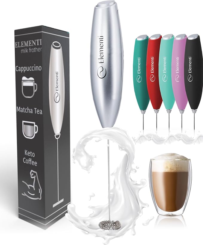 Elementi Frother Wand - Easy to Use Milk Frother Handheld Electric Stirrer for Powder Drinks, Durable & Powerful Protein Powder Mixer Wand, Coffee Stirrers Electric (Silver)
