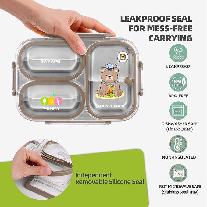 Stainless Steel Bento Lunch Box for Kids, 26.4 oz Leak-Proof 3-Compartment Metal Bento Box, BPA-Free, Cute Cartoon Meal Prep Snack Container with Utensils for School, Office, Travel - Brown