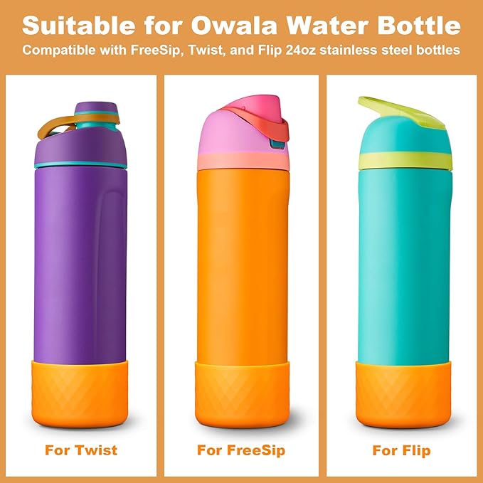 2PCS Silicone Water Bottle Boot for Owala 24oz, Protective Bottom Bumper Anti-Slip Sleeve for FreeSip, Twist, and Flip Stainless Steel Bottles, Dishwasher Safe and BPA Free(Orange)