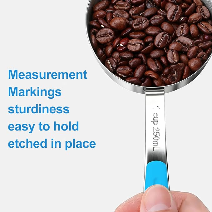 Measuring Cups and Spoons Set Stainless Steel 10 Piece for Cooking and Baking (5 Cups + 5 Spoons, Light Blue Handle)