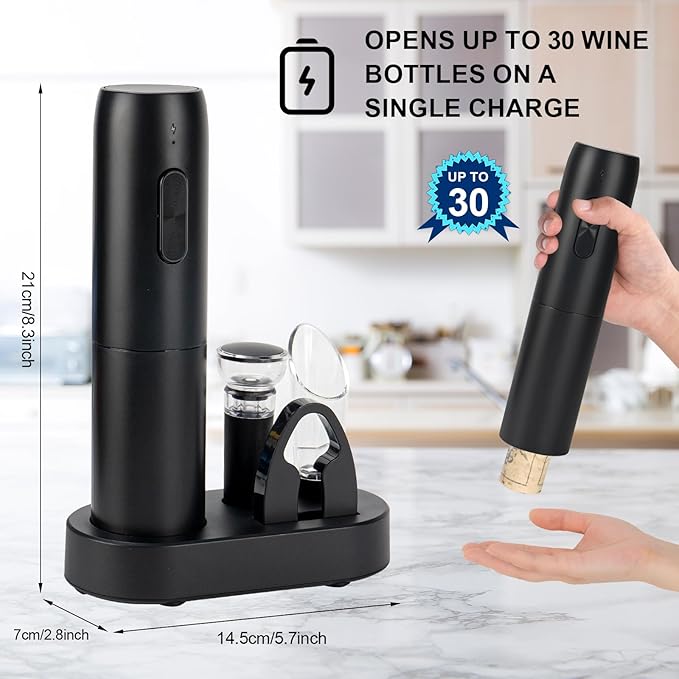 Electric Wine Opener Set with Charging Base, Rechargeable Automatic Corkscrew Bottle Opener with Pour, Preserver Vacuum Stopper, Foil Cutter, USB Charging Cable