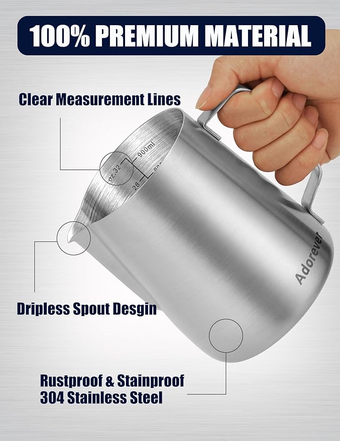 Milk Frothing Pitcher, 32oz Stainless Steel Milk Frother Cup Steaming Pitcher, Cappuccino Espresso Accessories Coffee Bar Barista Tools, Metal Steamer Cup Milk Jug with Latte Art Pen, Matte Steel