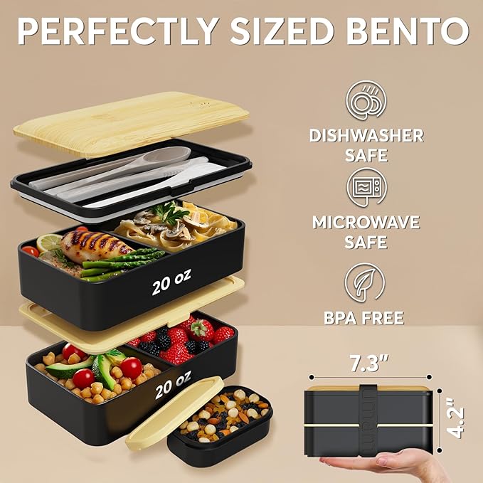 Umami Bento Box Adult All-In-1 w/4 Utensils, Big Sauce Jar, 2 Dividers, 100% Leakproof, Microwave & Dishwasher Safe, Stackable Bento Lunch Box Containers for Men/Women, Black & Bamboo, 40 oz