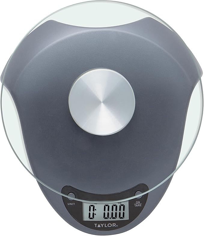 Taylor Digital Kitchen Scale with Glass Platform, Tare Button, and Plastic Body Weighs up to 11 Pounds Capacity, Silver