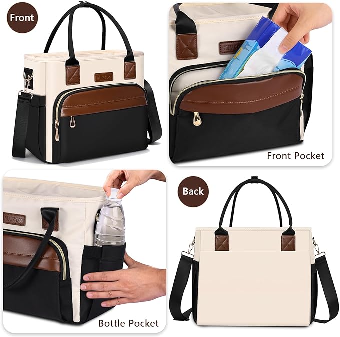Lunch Bag Lunch Box Women - Leakproof Insulated Lunch Cooler Bag for Women - Large Lunch Tote Bags Adults, Black with Off White with Brown